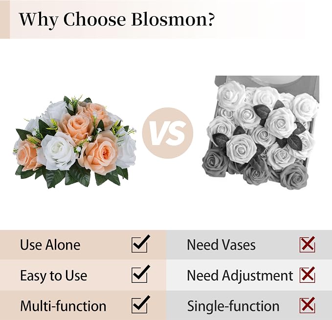 BLOSMON Rose Flower Balls Centerpieces: 6pcs Peach Fuzz Artificial Flowers | 9.5 Inch Fake Rose Floral Arrangements for Wedding Table - Faux Silk Kissing Bouquet with Base Party DIY Decorations