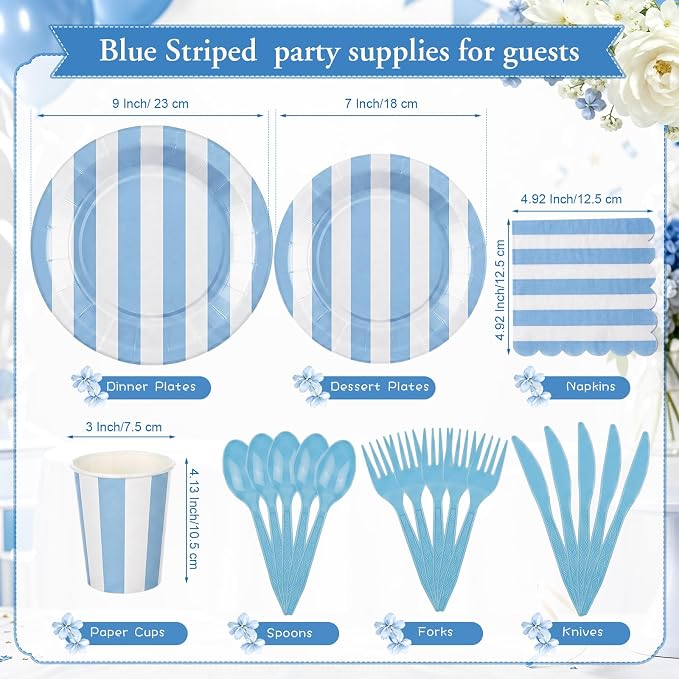 Mimorou 350 Pcs Blue and White Striped Paper Plates and Napkins for 50 Guests, Blue Striped Disposable Tableware Set Plates Cup Napkins Spoon Fork Knife for Baby Shower Birthday Party Supplies