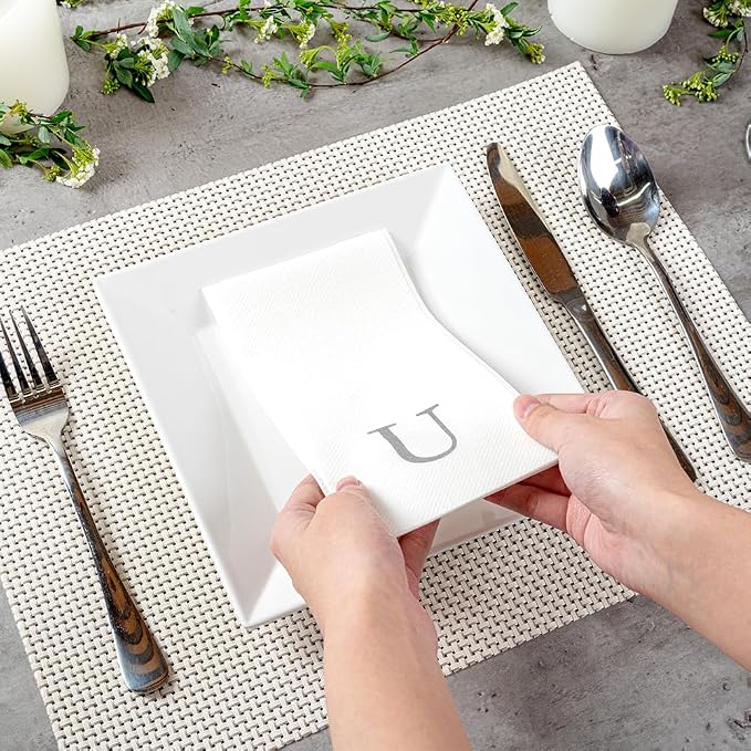 Luxenap 15.8 X 7.9 Inch Linen-Feel Guest Towels, 2000 Lettered Hand Towels - Silver Letter 'U', Sans Serif Font, White Paper Dinner Napkins, airlaid, For Restrooms And Tables - Restaurantware