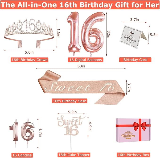 Sweet 16 Birthday Party Decorations for Girls, Sweet 16 Sash and Tiara, Cake Topper and Candles, Number Balloons, 16th Birthday Gifts for Girls