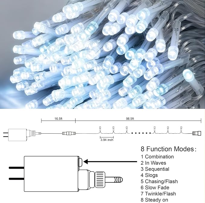 LJLNION 300 LED String Lights Outdoor Indoor, Extra Long 98.5FT Super Bright Christmas Lights, 8 Lighting Modes, Plug in Waterproof Fairy Lights for Holiday Wedding Party Bedroom Decorations ( White)