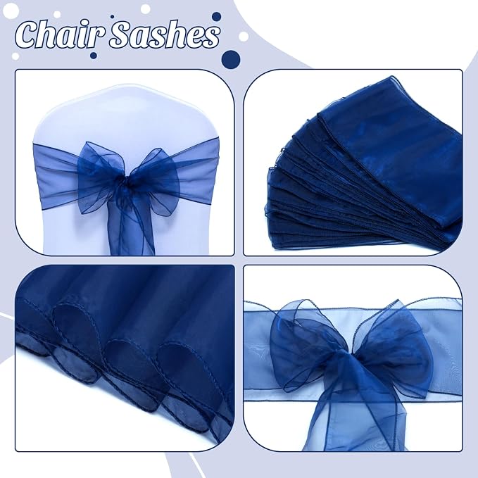 MDS® Pack of 125 Organza Chair Sashes for Wedding Decoration, Reusable Sheer Chair Bows for Banquet Chair Cover, Reception, Bridal Shower, Baby Shower, Birthday Party & Special Events - Navy Blue