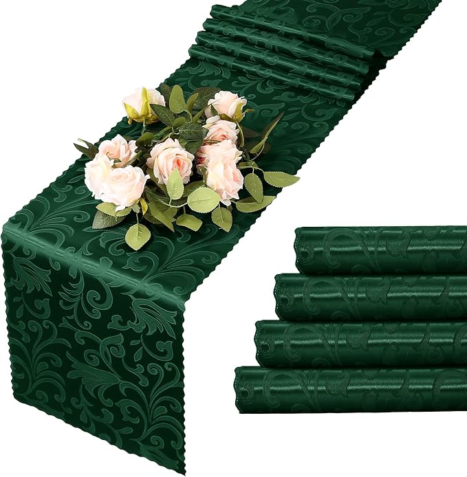 MILVOWOC 4 Pack Emerald Green Satin Damask Table Runner, 12 x 72 Inch, Rectangle, Luxury, Bright, Silky, Decorative, Perfect for Party, Banquet, Birthday, Wedding, Table Decor