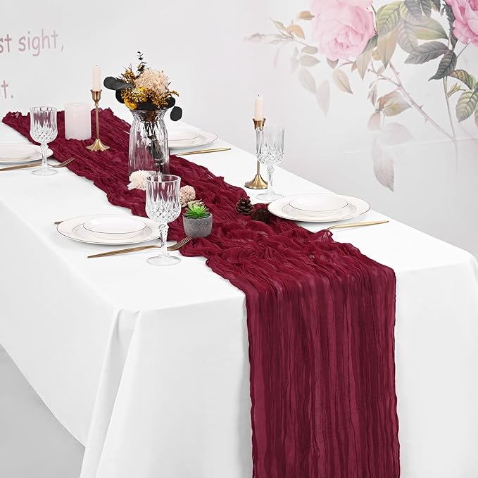 16 Pack Burgundy Cheesecloth Table Runner 120 Inch 10FT Spring Boho Rustic Sheer Gauze Cheese Cloth Table Runner for Wedding Baby Shower Birthday Party Table Decor