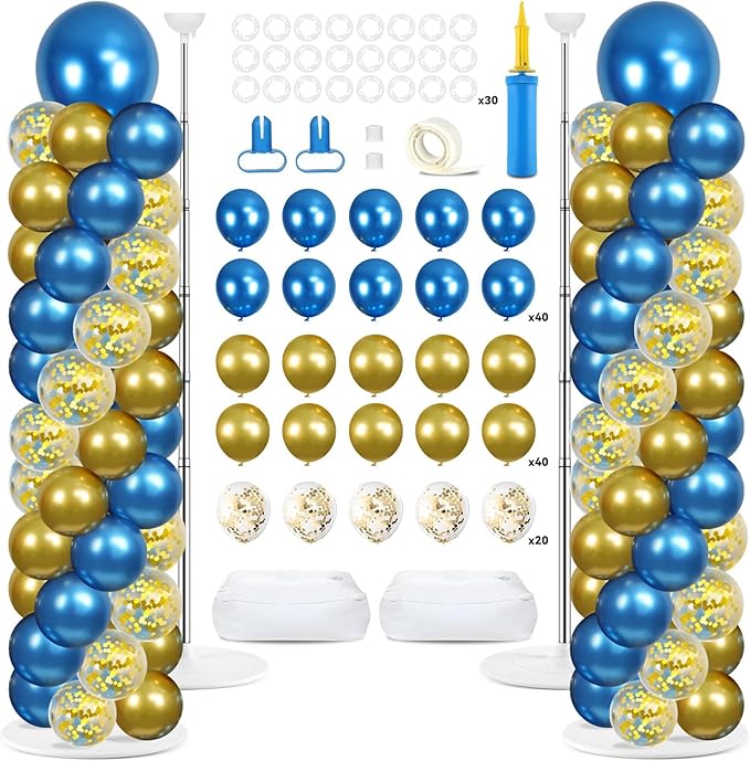 2 Sets Metallic Blue and Gold Balloon Column Stand Kit with 100 Balloons Adjustable Balloon Tower Stand with Bases for Floor Navy Blue Gold Balloon Column Kit for Graduations Summer Birthday Decor