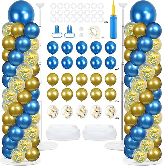 2 Sets Metallic Blue and Gold Balloon Column Stand Kit with 100 Balloons Adjustable Balloon Tower Stand with Bases for Floor Navy Blue Gold Balloon Column Kit for Graduations Summer Birthday Decor