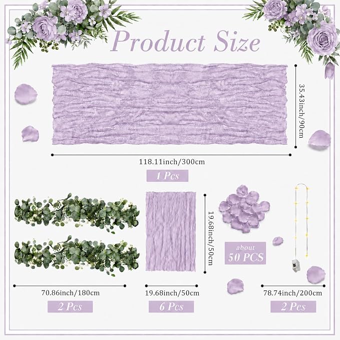 Cinrobiye 11PCS Boho Cheesecloth Table Runner Set with Rose Petals, 120 Inch Gauze Table Runner, Wrinkled Napkins, Eucalyptus Garland and String Lights for Wedding Baby Shower Tea Party Decorations