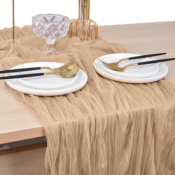 Joanlody Champagne Cheesecloth Table Runner Spring Summer 10Ft Rustic Gauze Boho Cheese Cloth Table Runner for Wedding Bridal Baby Shower Decoration