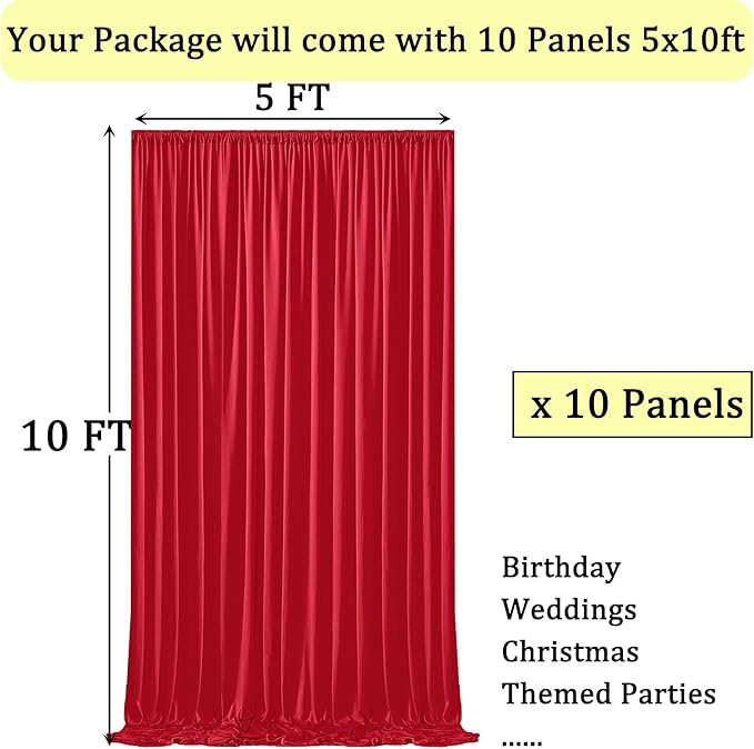 50ft x 10ft Wrinkle Free Red Backdrop Curtains for Parties, 10 Panels 5x10ft Silky Polyester Photo Backdrop Drapes for Christmas Weddings Birthday Party Photography Background Decor