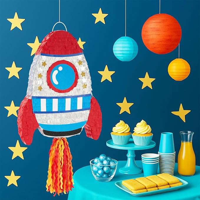 WERNNSAI Rocket Piñata - Rocket Ship Piñata Bundle with Blindfold and Bat Space Birthday Party Decoration for Boys Kids Family Games Space Ship Theme Party Supplies