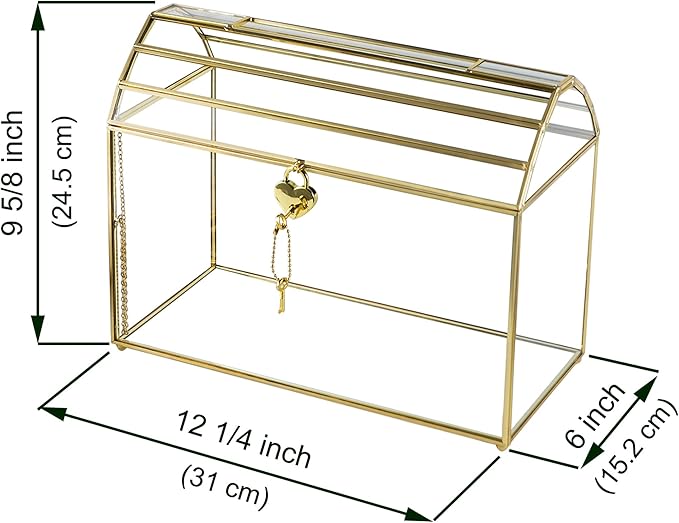 Wedding Card Box with Slot, 12.2'' Large Glass Card Boxes for Reception, Gold Cards Holder, Clear Decorative Storage Box with Lock for Baby Shower, Birthday Party, Christmas, Bridal Shower