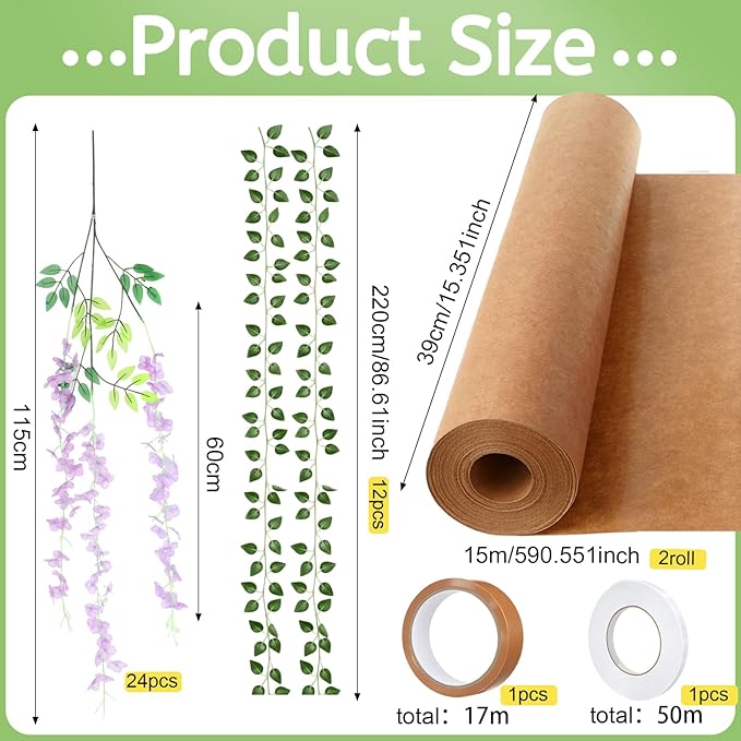 XunYee 3D Wisteria Tree Wall Decor for Room Classroom Ceiling Artificial Wisteria Hanging Flowers DIY Cardboard Paper Tree with Green Vine Kraft Paper Fairy Bulletin Board Decorations(Purple)