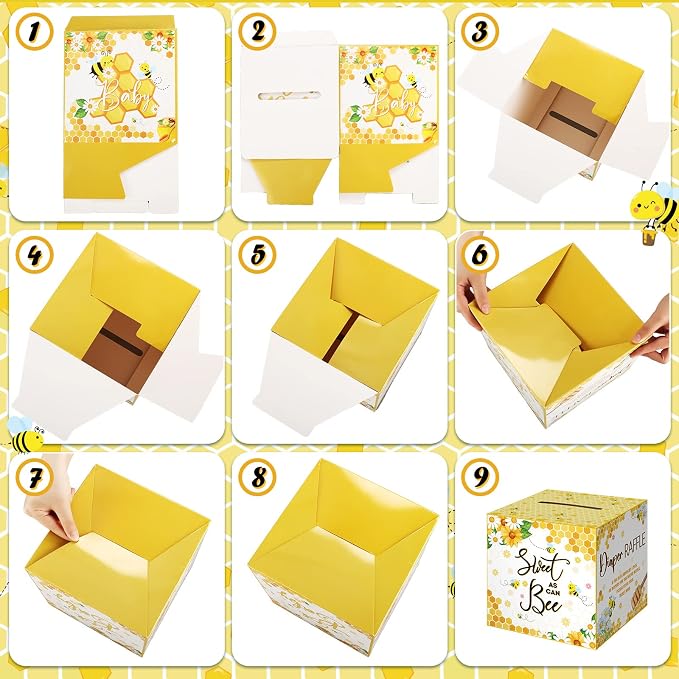 Teling 51 Pieces Diaper Raffle Tickets with Card Box Baby Shower Decorations Baby Shower Holder Box for Girl Boy Diaper Raffle Party(Bee)