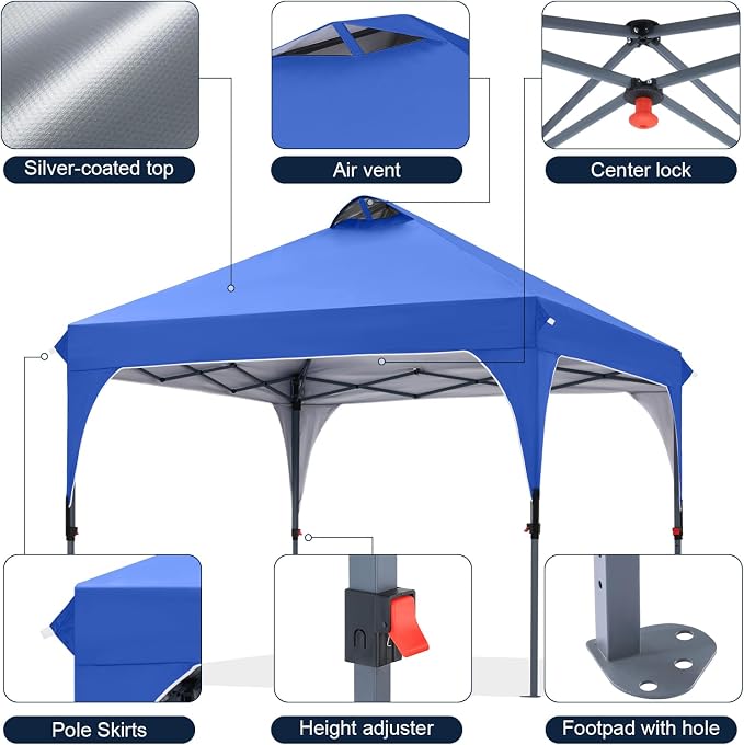 COOSHADE Pop Up Canopy Tent, 10x10 Easy Setup Instant Canopy Sun Shelter Beach Tent, Portable Sports, Blue