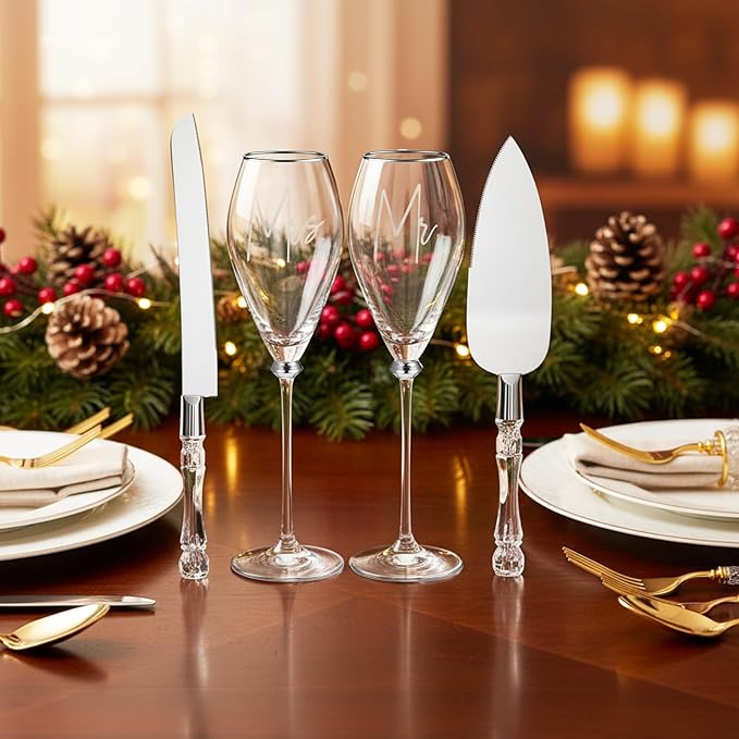 Boao 4 Pcs Wedding Cake Knife and Champagne Flutes Server Set, Wedding Reception Supplies Toasting Flutes Cylinder Champagne Glasses Cake Cutting Set for Engagement Gifts (Silver)