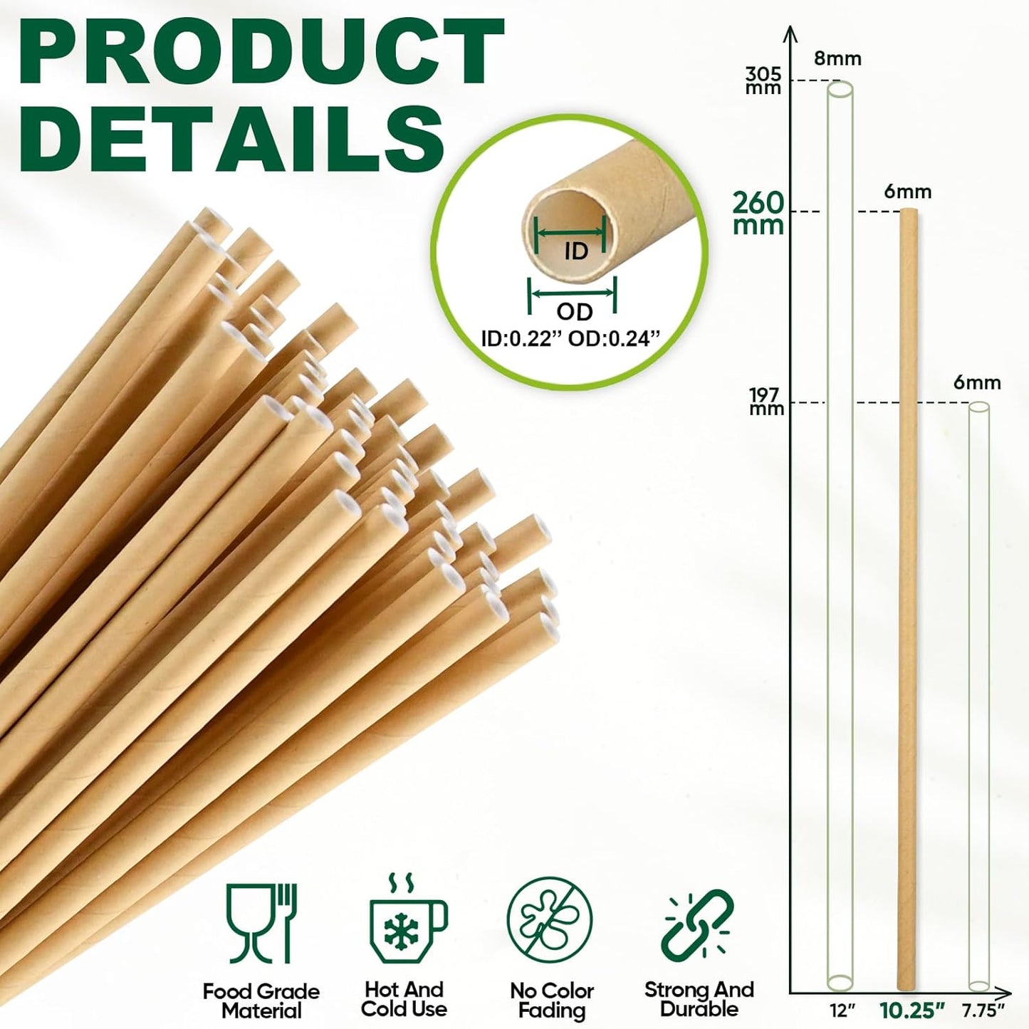 10 Inch Long Paper Drinking Straws Biodegradable - For 20oz to 32oz Tall Cups, Tumblers, Bottles - Brown Kraft, 100