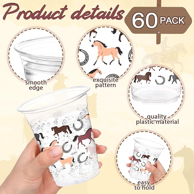 Funnymoom 60 Pack Western Horse Cups 12 oz Horse Racing Theme Disposable Clear Plastic Drinking Cups Bulk for Western Cowboy First Rodeo Farm Themed Birthday Baby Shower Party Decorations Supplies