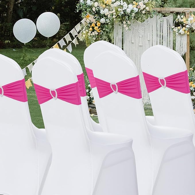 Howhic Pack of 60 Spandex Chair Sashes Bows Stretch Chair Cover Band with Buckle Slider Universal Elastic Chair Ties for Wedding Banquet Party Event Decoration (Fuchsia)