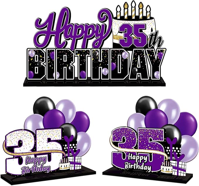 LINGTEER Happy 35th Birthday Purple Acrylic Table Topper Centerpieces Set - Cheers to 35 Years Old Birthday 35th Bday Party Gift Decorations.