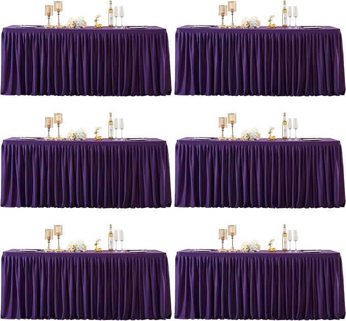 6 Packs Purple Polyester Tablecloths Rectangle Tables 6ft, Stretch Fitted Table Covers for 6 Foot Tables Wrinkle Free Rectangle Table Cloth with Skirt for Birthday Party Events Banquet Baby Shower