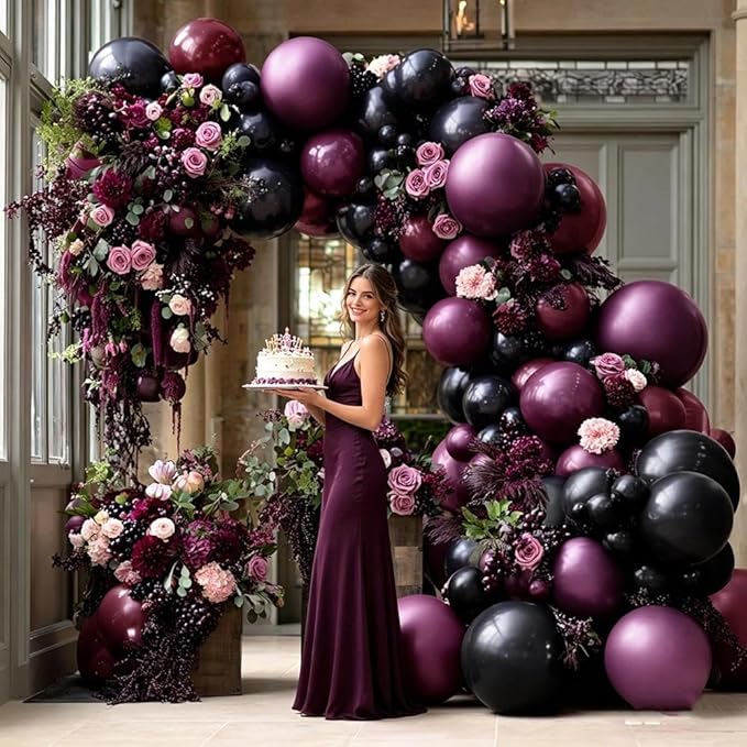 Dark Purple Black Balloons Garland Double Stuffed Black Burgundy Plum Balloon Arch Kit for Gothic Birthday Bridal Shower Mother's Day Graduation Party Decorations