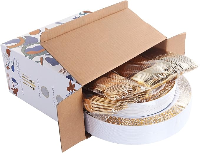 WDF 150PCS Gold Plastic Plates Set - Gold Plates 25Guests Gold Disposable Dinnerware Sets for Wedding Party Birthday