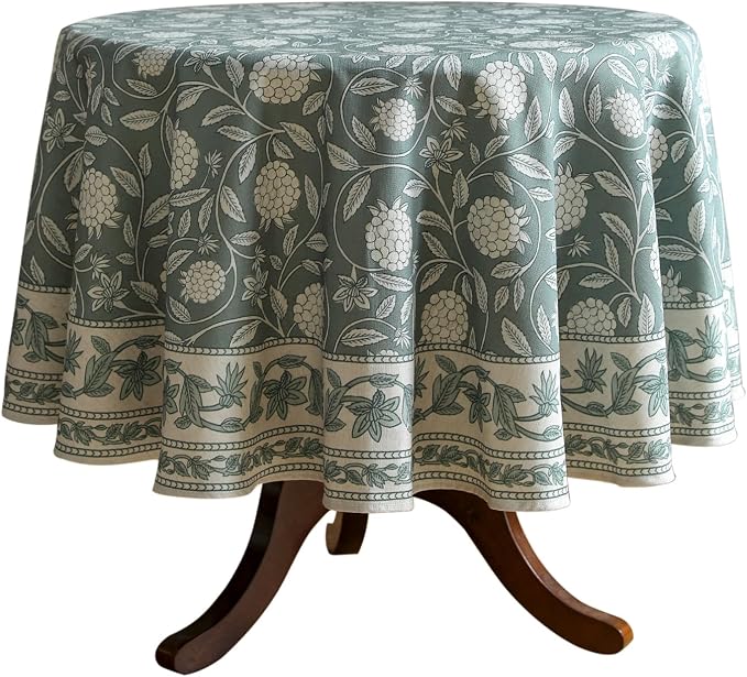 ISAENNE Designer Linen Green Round Tablecloth,Diameter 67"-Andrew A | Vintage Elegant French Beautiful Decor Table Cloth,Floral Pattern,Heavyweight,Dining Room,Tea Party,Kitchen,Thanksgiving
