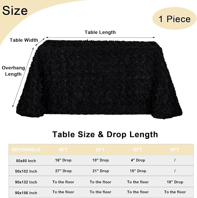Fanqisi Rosette Tablecloth Black 90x156 Inches Rectangular 3D Floral Satin Rosette Fabric Table Cover Grandiose Wedding Party Baby Shower Decorations