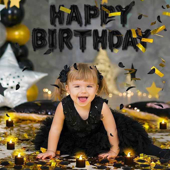 Black Happy Birthday Balloons Decorations Happy Birthday Letter Balloons Banner Set with 24pcs Round Flameless LED Candles and 2000pcs Artificial Rose Petals for Women Men Room Party Decor