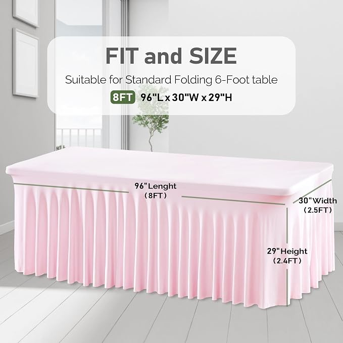 4 Packs Pink Table Clothes for 8 Foot Rectangle Tables, One-Piece Wrinkle Resistant Stretch Spandex Table Covers with Skirt for Event Banquet Wedding Birthday Party