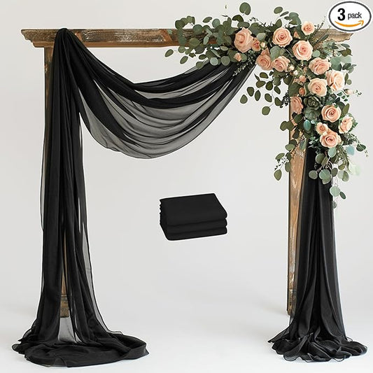 Wokceer Black Wedding Arch Draping Fabric Backdrop 3 Panels 28.7" X 20FT Sheer Drapes Fabric for Wedding Arbor Ceremony Party