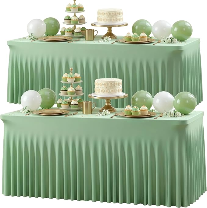Wish Care 2 Pack Sage Green Spandex Table Clothes for 8 Foot Rectangle Tables, 8FT Wrinkle Free Fitted Tablecloths Ruffles Design Table Cloth for Party, Banquet, Wedding and Events
