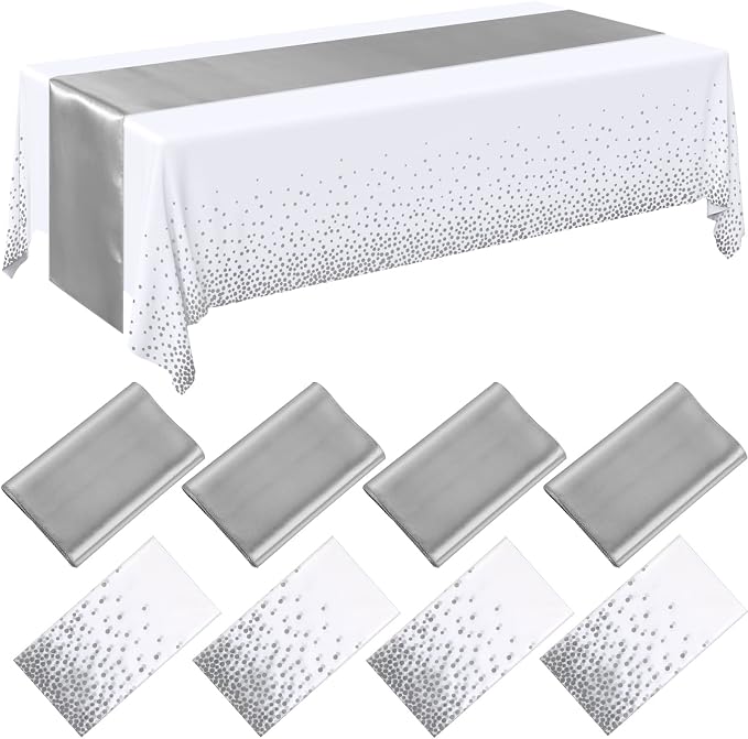 Breling 8 Pack White and Silver Disposable Plastic Tablecloths and Satin Table Runner Set, 54 x 108 Inch Tablecloth, 12 x 108 Inch Table Runners for Wedding Graduation Birthday Baby Shower New Year