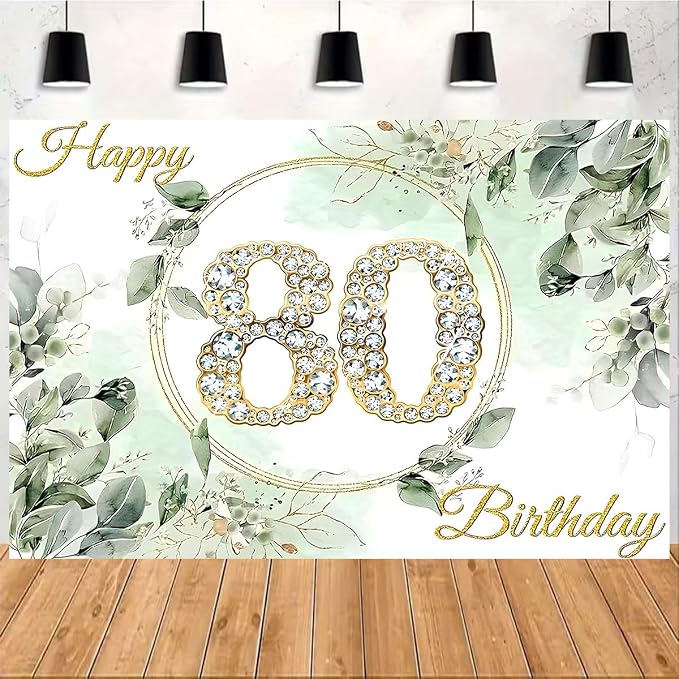 Greenery Eucalyptus Leaves 80th Birthday Backdrop Sage Green Succulent Birthday Decorations Gold Diamond Design Adult Women Men 80th Anniversary Birthday Wedding Banner (D, 9X6FT)