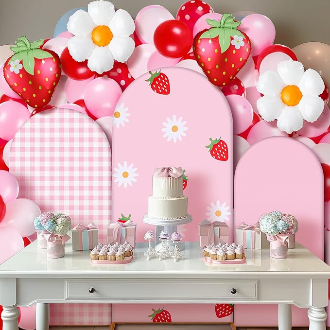 Foilswirl 34 Pieces Strawberry Birthday Party Decorations 4ft 5ft 6ft Arch Backdrop Covers Pink White Checkered Spandex Arch Backdrop Cover Daisies Balloon for Strawberry Sweet Birthday Wedding Party