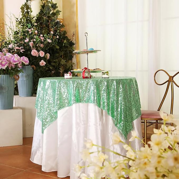 Eternal Beauty Mint Green Tablecloth, 50x50 Inch Sequin Square Table Cover for Cake Dessert Exhibition Party Birthday Events