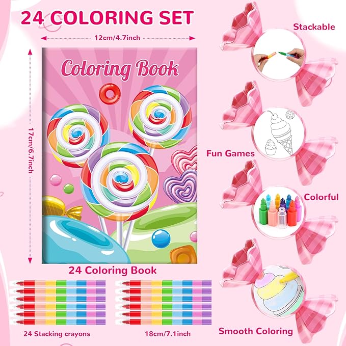 BenLouis 24 Sweet Mini Coloring Books Kids with 24 Stacking Crayons Candyland Donut Party Favors Activity Books Bulk for Kids Ice Cream Birthday Goodie Bag Gift Stuffer Classroom Reward