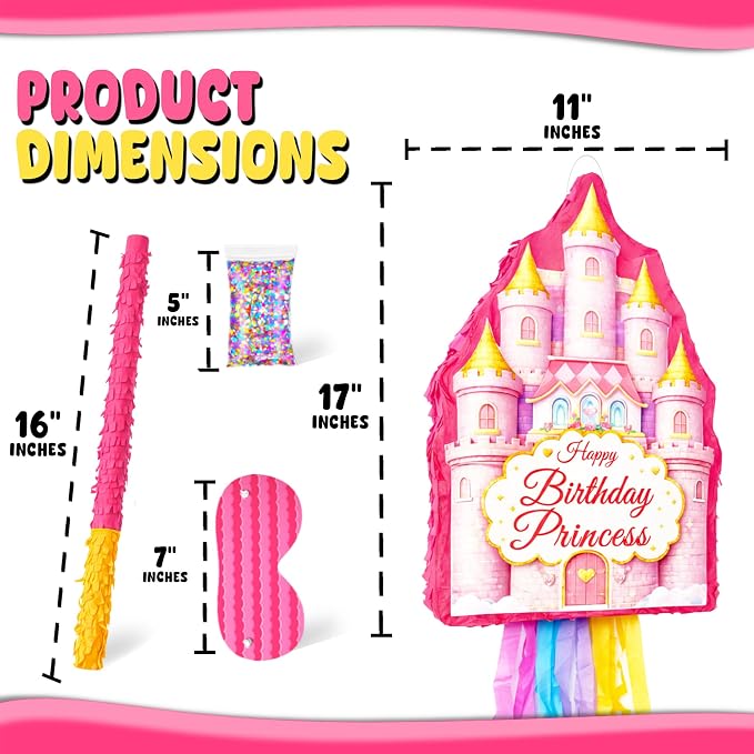 Jergrim Princess Castle Happy Birthday Pinata 4 Piece Set, 11"x17" Perfect For Girl Party Decorations, Once Upon A Time Piñata 5th, 6th 7th B-day Piñatas, Fits Candy & Party Favors
