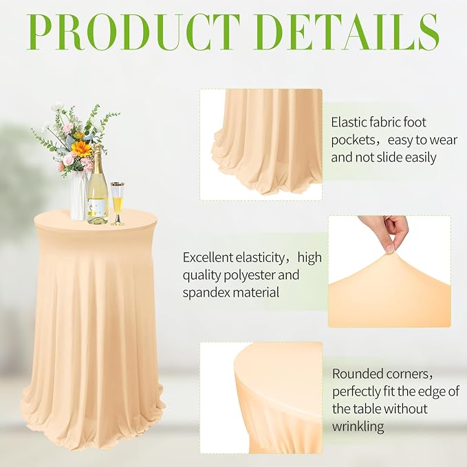 Tegeme 4 Packs Round Spandex Cocktail Tablecloths with Skirt 32 x 43 Inch Cocktail Round Table Cover Spandex Stretch Square Tablecloth Skirt for Table Bar Wedding Party Banquet (Champagne)