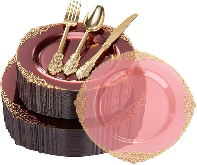Goodluck 250 PCS Vintage Translucent Burgundy & Gold Rim Plastic Plates with Cutlery Set - Serves 50 - Heavy Duty Elegant Disposable Dinnerware for Thanksgiving, Fall Wedding, Holiday