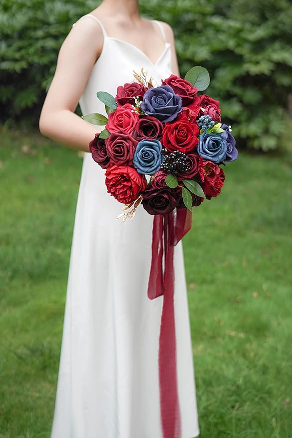 ponatia Artificial Flowers Wedding Flowers Combo for Silk Fake Flowers Roses for DIY Wedding Bouquets Burgundy Centerpieces Arrangements Party Bridal Baby Shower Home Decorations (Burgundy & Navy)