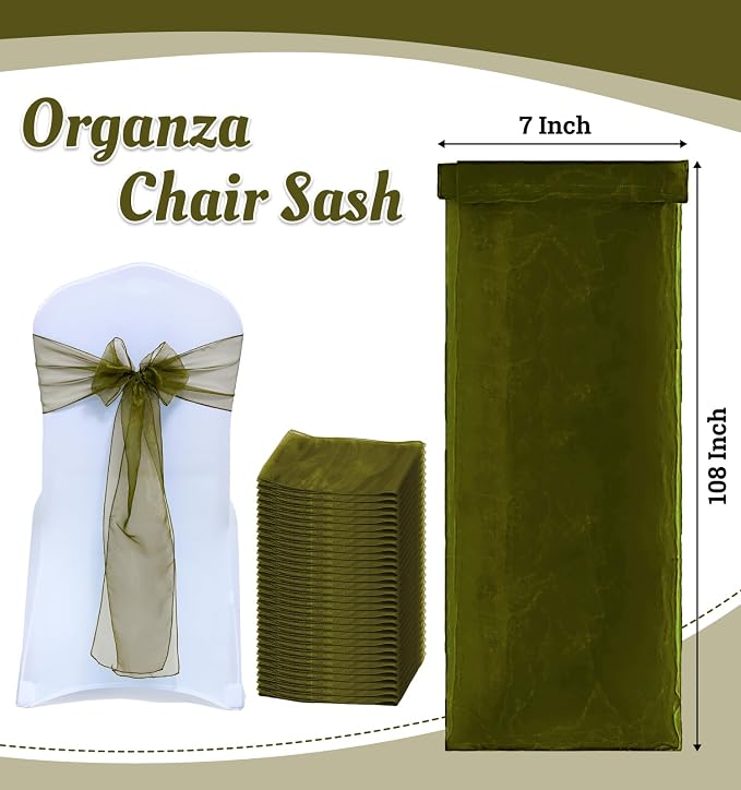 MDS® Pack of 125 Organza Chair Sashes for Wedding Decoration, Reusable Sheer Chair Bows for Banquet Chair Cover, Reception, Bridal Shower, Baby Shower, Birthday Party & Special Events - Olive Green
