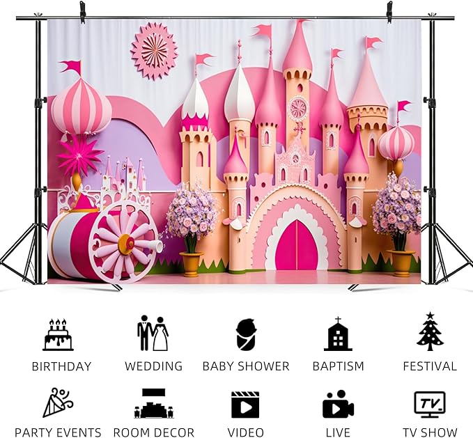 8x6ft Princess Castle Backdrop Pink Purple Floral Girl Birthday Photography Background Kids Birthdays Newborn Baby Shower Banner Decorations Wedding Party Portrait Photo Booth Prop