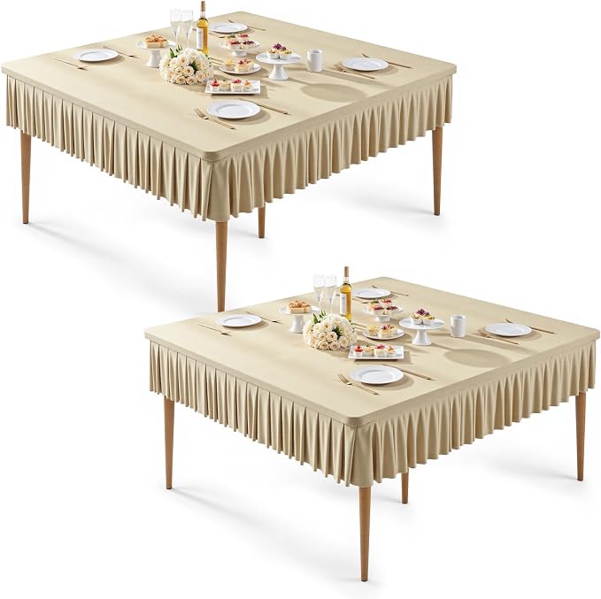 2 Pack Natural Spandex Tablecloths for 54x54 Inch Square Tables, Stretch Fitted Table Clothes with Pleated Ruffle Skirt for 54” Table, Wrinkle Free and Elastic, for Party Kitchen Home Dining