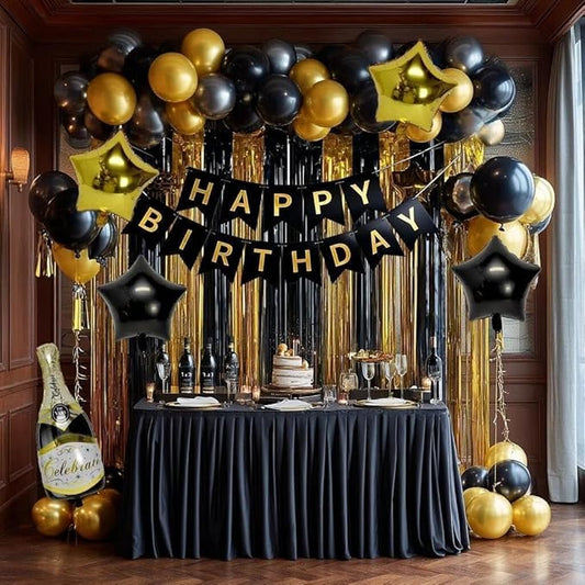 Black Gold Birthday Party Balloon Kit,Happy Birthday Banner Fringe Curtains Gold Black Star Wine Bottle Foil Balloon Garland for Men Women Party Decorations