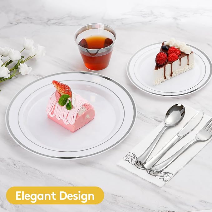 Goodluck 350 Pieces Silver Dinnerware Set for 50 Guests, disposable Plastic Plates for Party, Include: 50 Dinner Plates, 50 Dessert Plates, 50 Paper Napkins, 50 Cups, 50 Silverware set