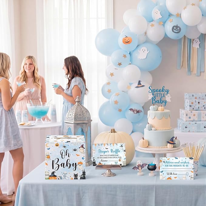 Teling 51 Pieces Diaper Raffle Tickets Box with Card Baby Shower Decorations Gender Reveal Holder Box for Girl Boy Diaper Raffle Party (A Little Boo is Almost Due)