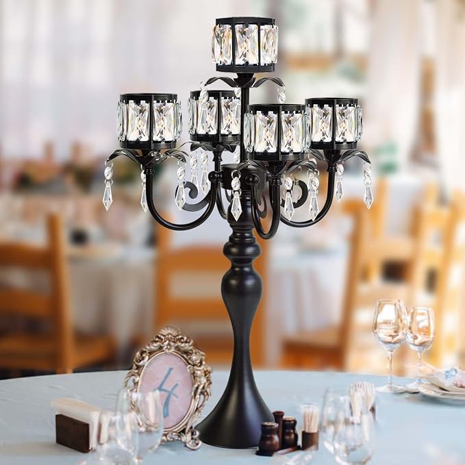 1PC Black 5-Arm Crystal Pendant Metal Candle Holder with Square Crystal Bowl, 22-Inch Tall Wedding Table Centerpiece for Holiday Party Events, Christmas, Birthday Decorations