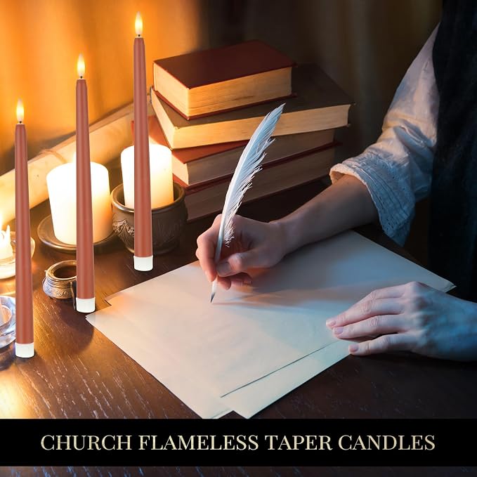 Macarrie 24 Packs Flameless Taper Candles Battery Operated Fake 11 Inch Long Candlelight LED Flameless Candlesticks Flickering Tapered for Summer Fall Wedding(Brown)
