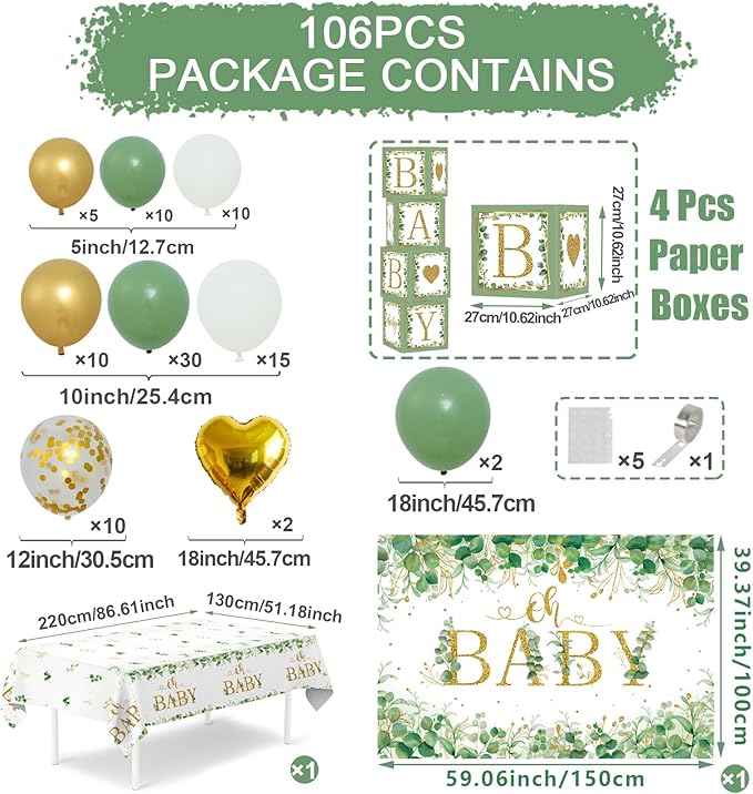 Sage Green Baby Shower Decorations for Boy Girl 106pcs Greenery Balloon Arch Kit, Baby Box,Tablecloth and Backdrop for Boho Woodland Jungle Theme Baby Shower Decor Neutral Party Supplies